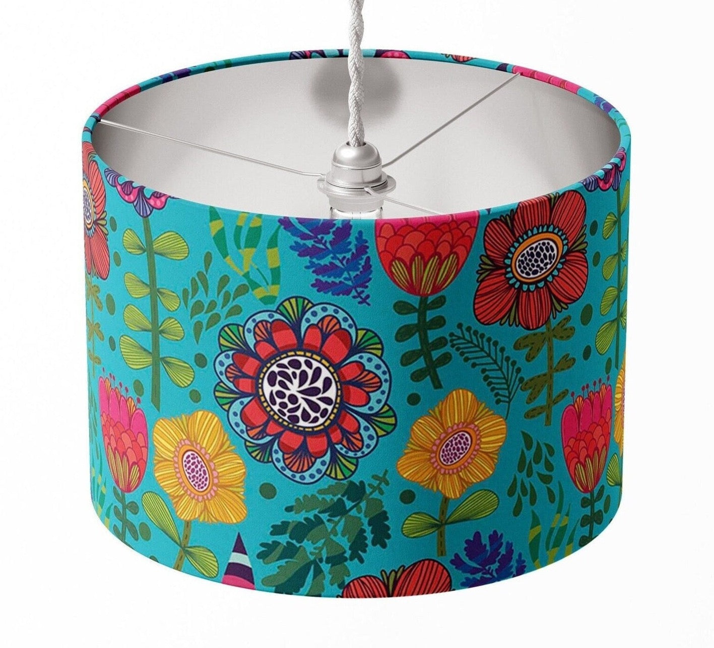 FOLK FLORAL FLOWER teal blue large flower handmade lampshade