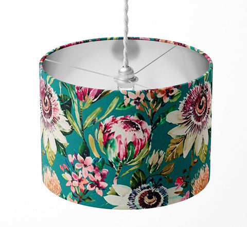 velvet luxury teal blue botanical peony floral handmade lampshade